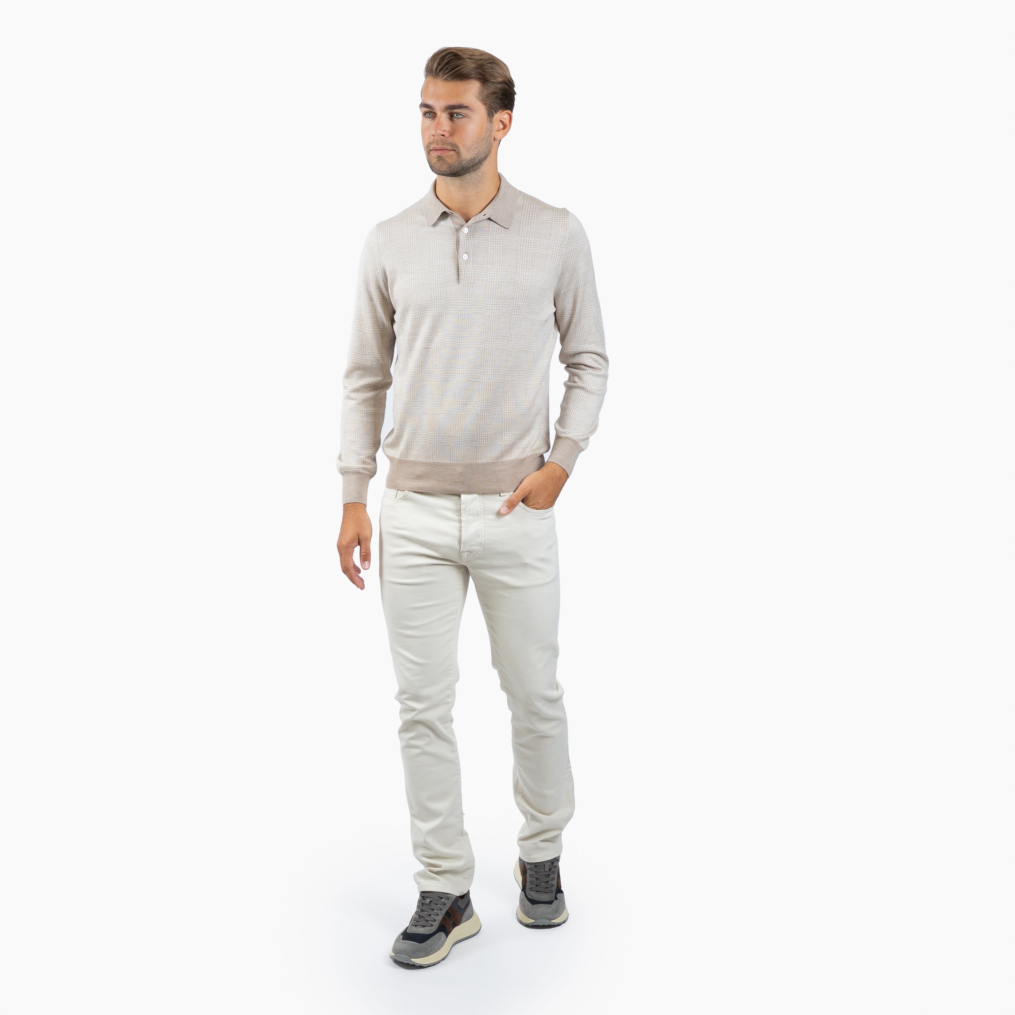 Gran Sasso Gebreide Polo Lange Mouw Beige Ruit | Wool & Silk