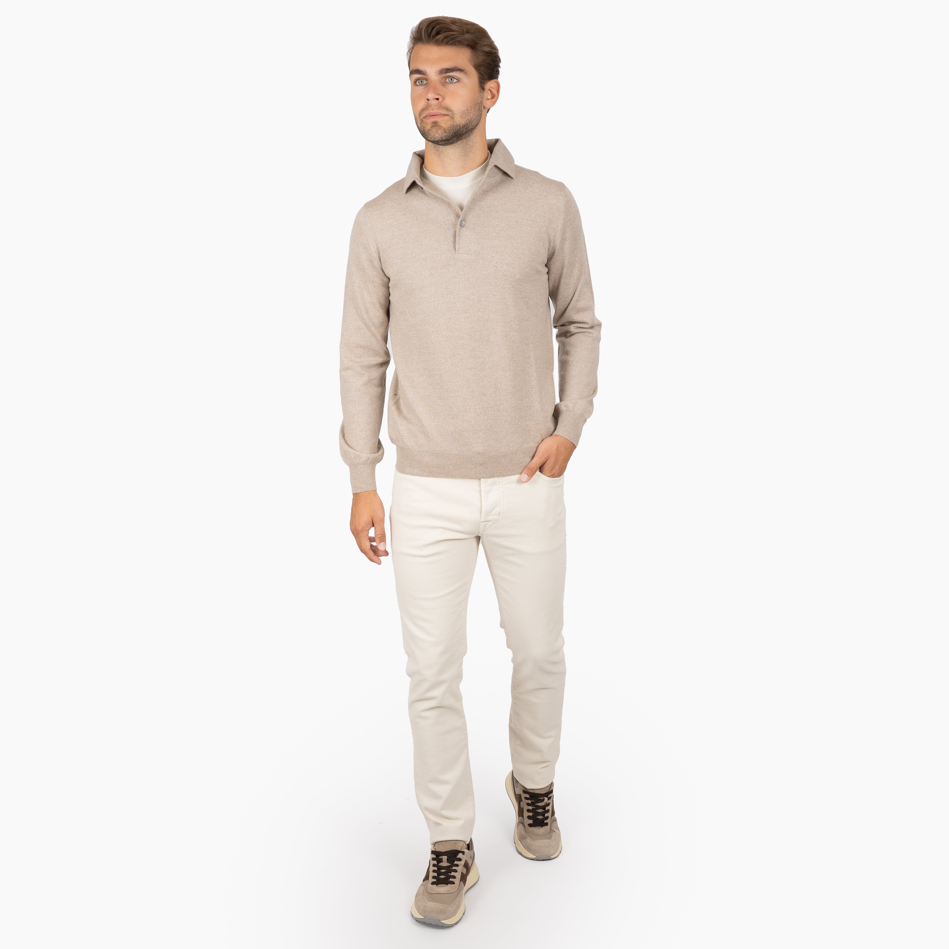 Gran Sasso Gebreide Polo Lange Mouw Beige | Extrafine Merino