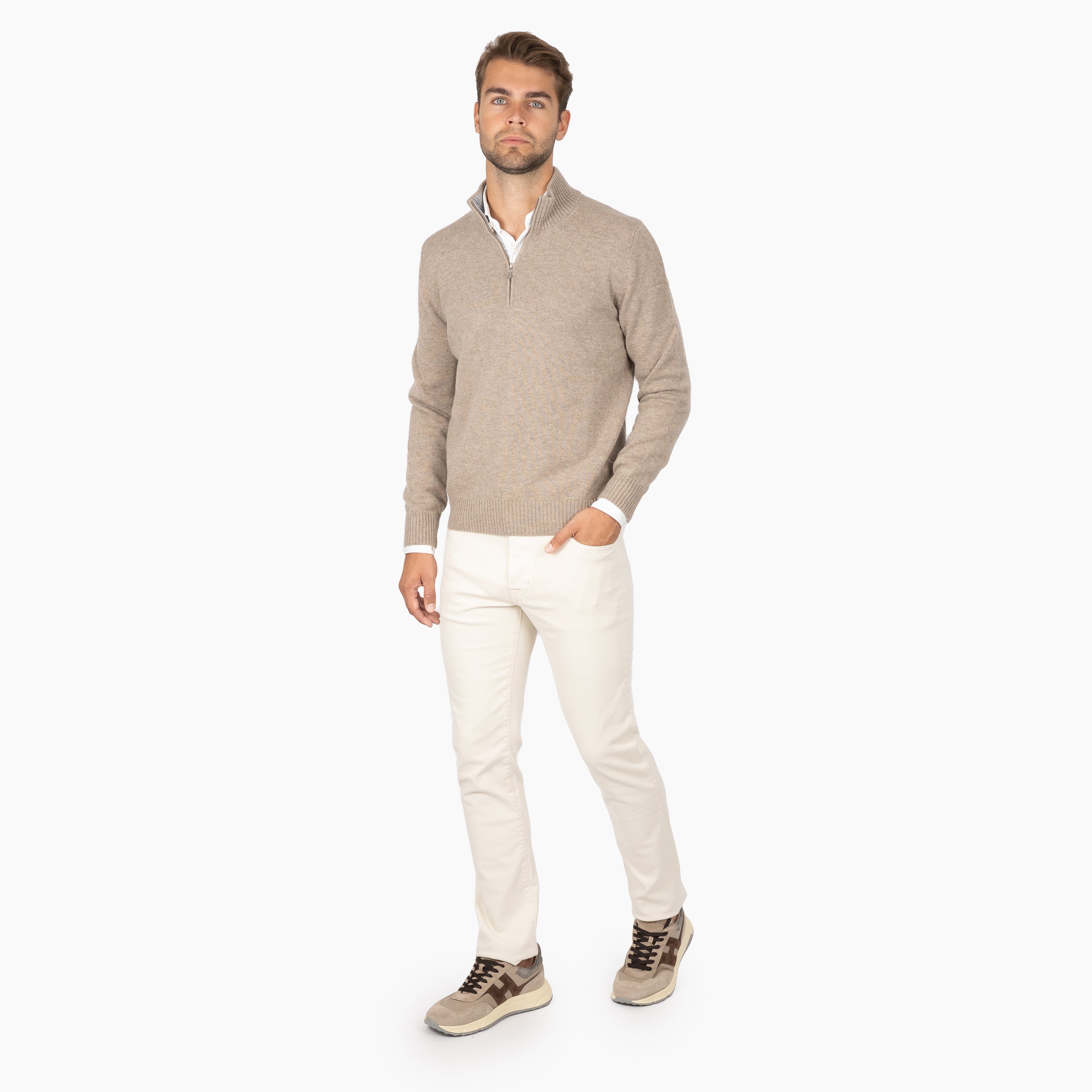 Gran Sasso Gebreide Trui met Rits Beige | Cashmere Lana