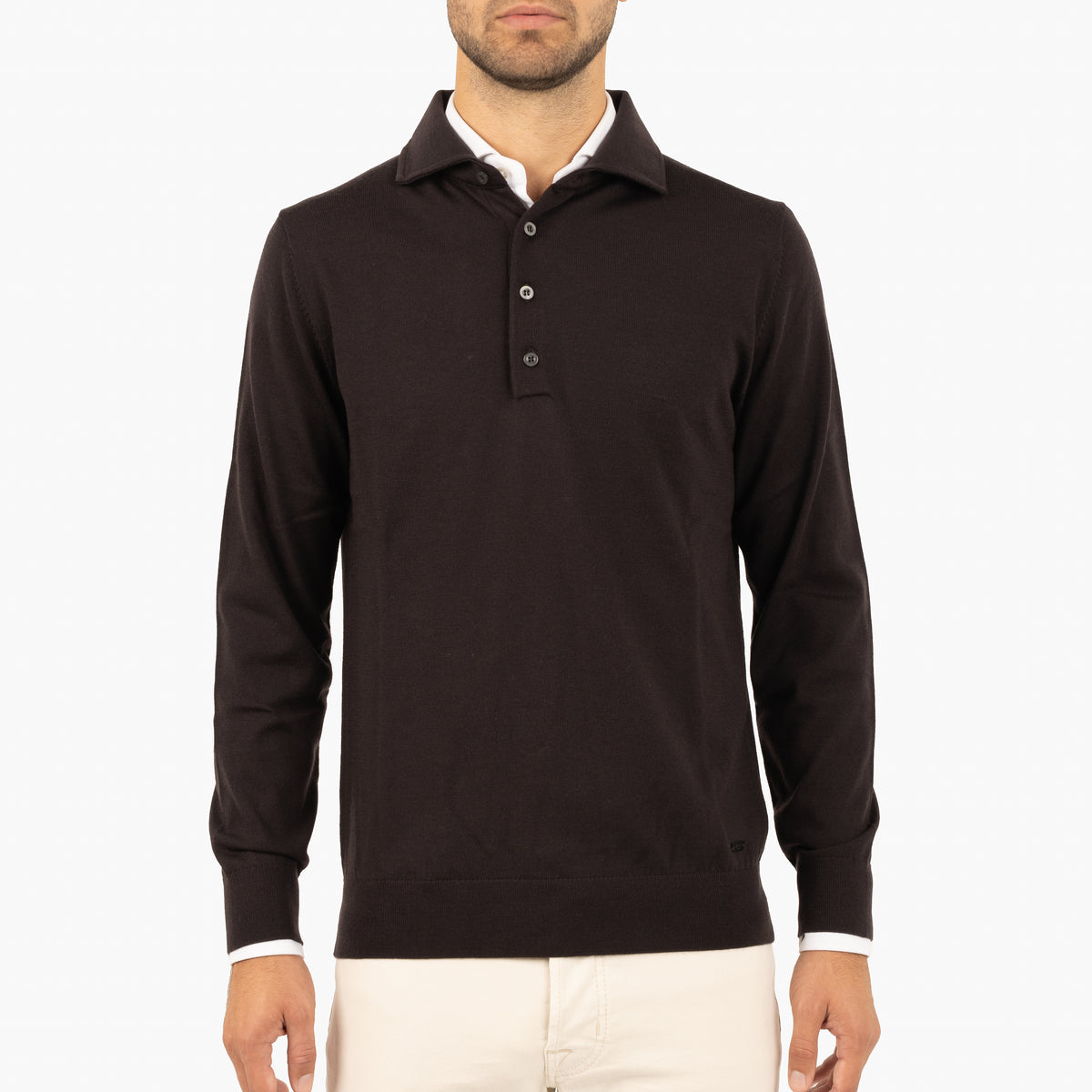 SEVEN DIALS Gebreide Polo Lange Mouw Donkerbruin | Cooper