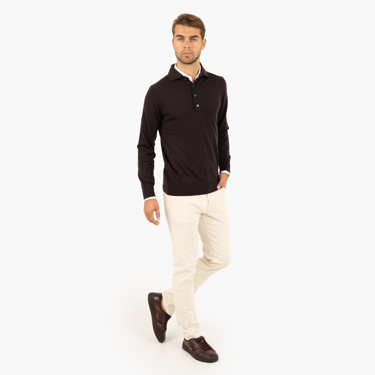 SEVEN DIALS Gebreide Polo Lange Mouw Donkerbruin | Cooper
