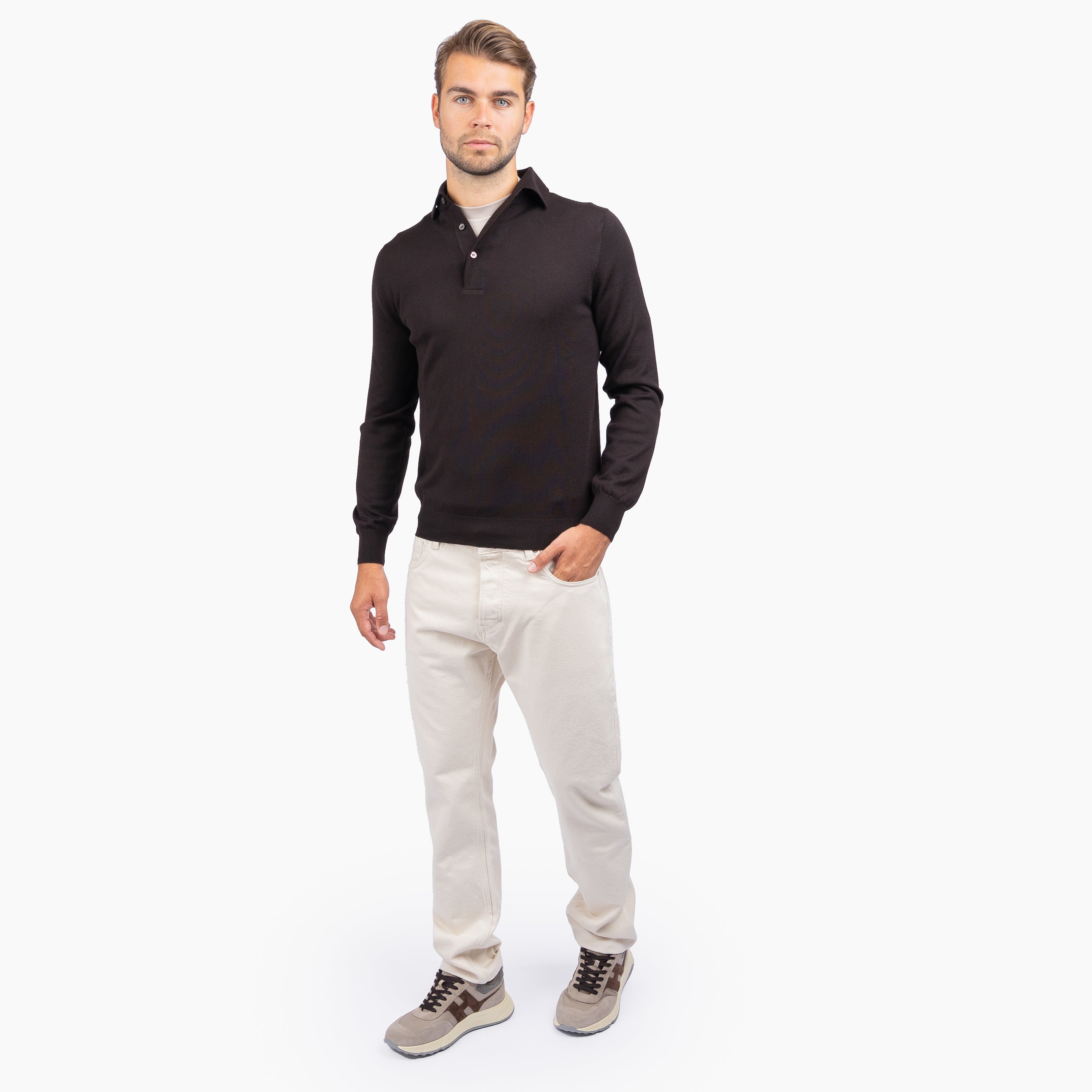 Gran Sasso Gebreide Polo Lange Mouw Bruin | Extrafine Merino