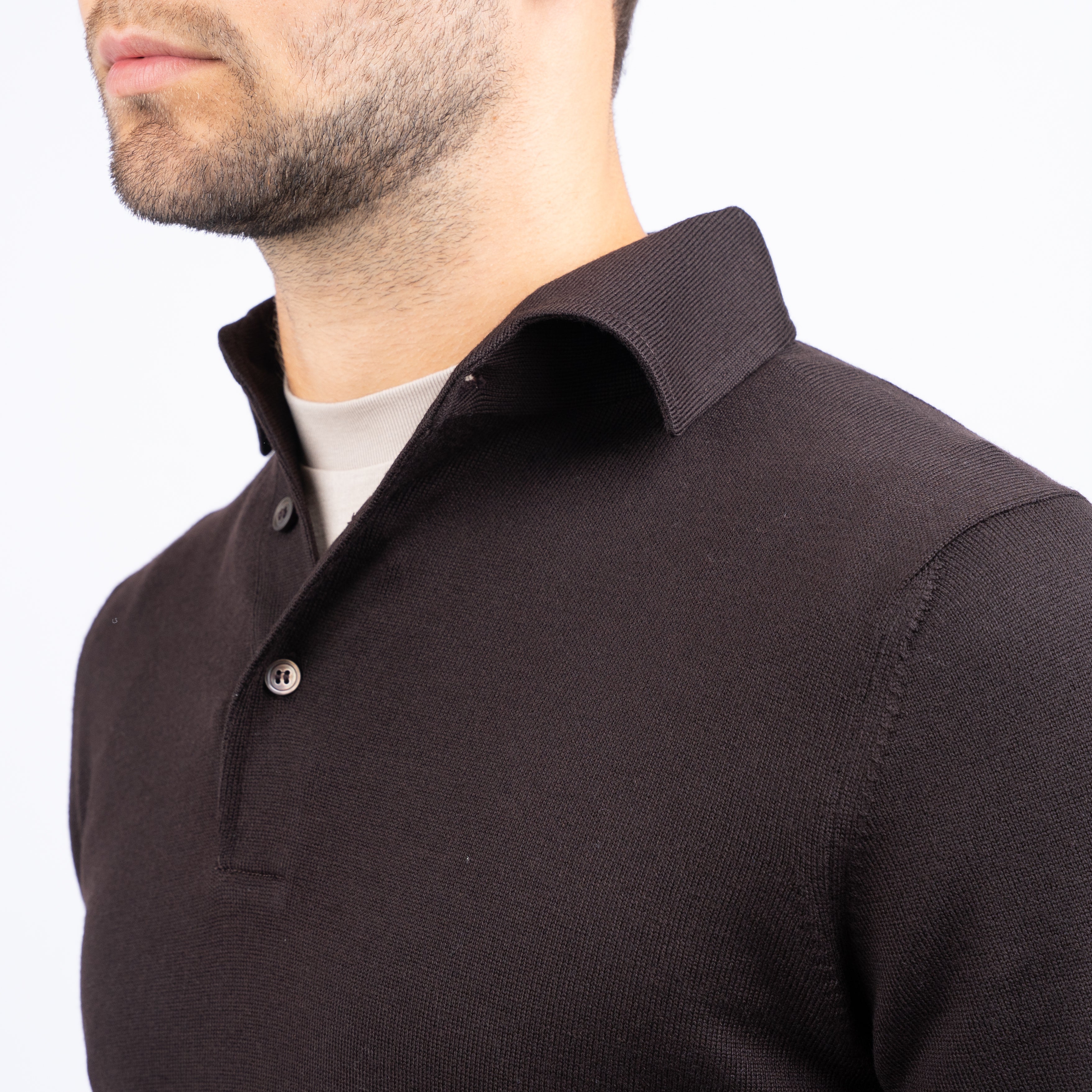 Gran Sasso Gebreide Polo Lange Mouw Bruin | Extrafine Merino