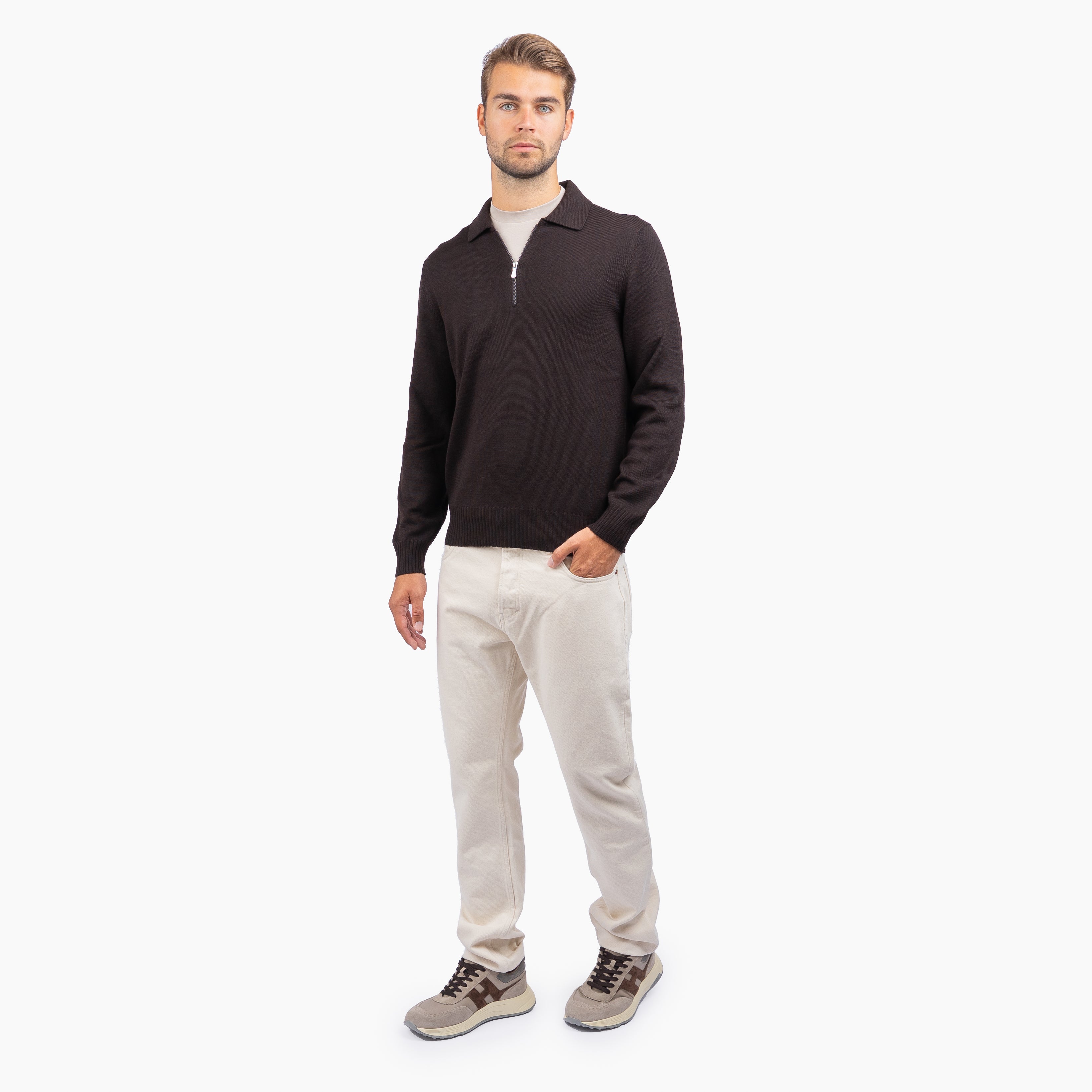 Gran Sasso Gebreide Trui met Rits Bruin | Extrafine Merino
