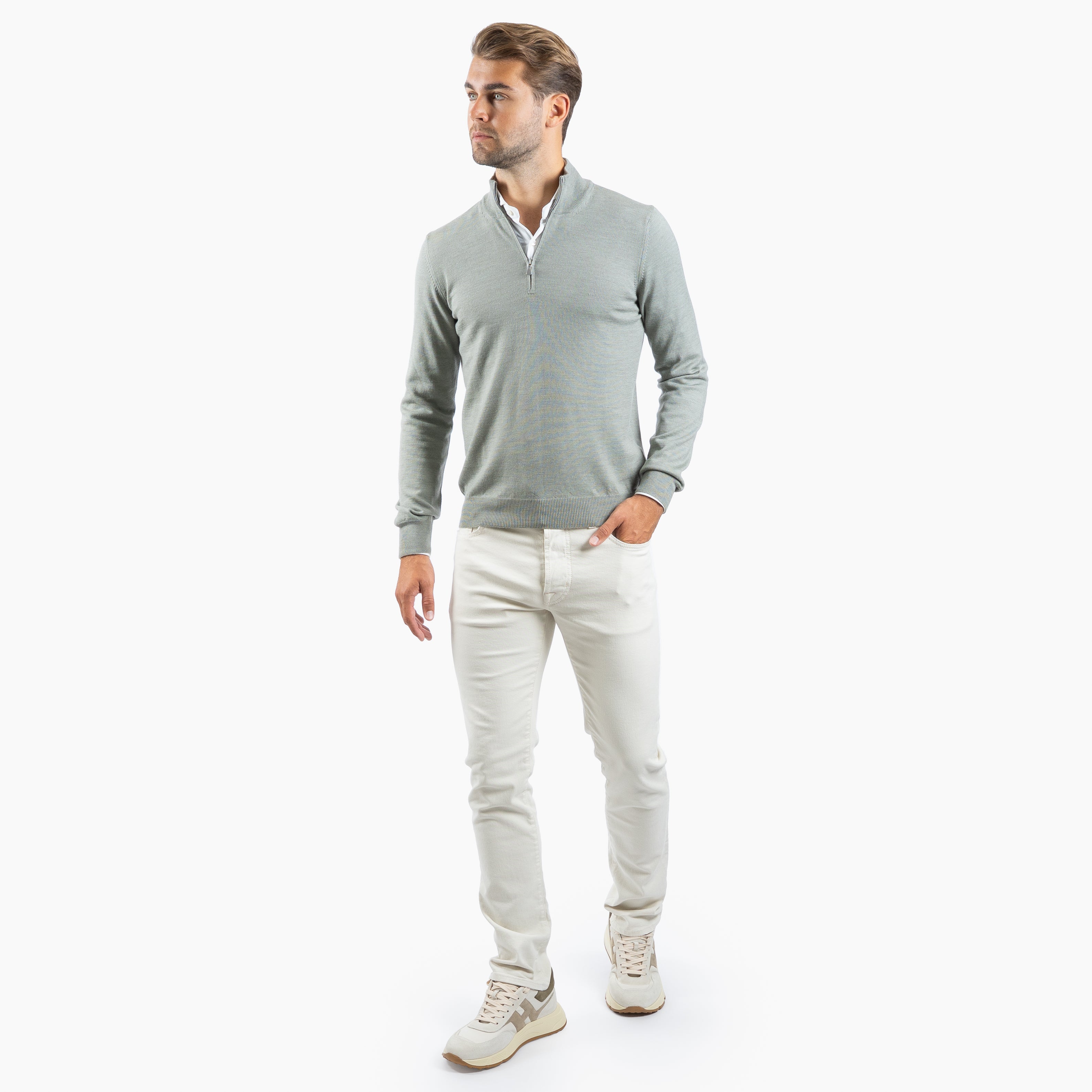 Gran Sasso Gebreide Trui met Rits Sage Groen | Extrafine Merino
