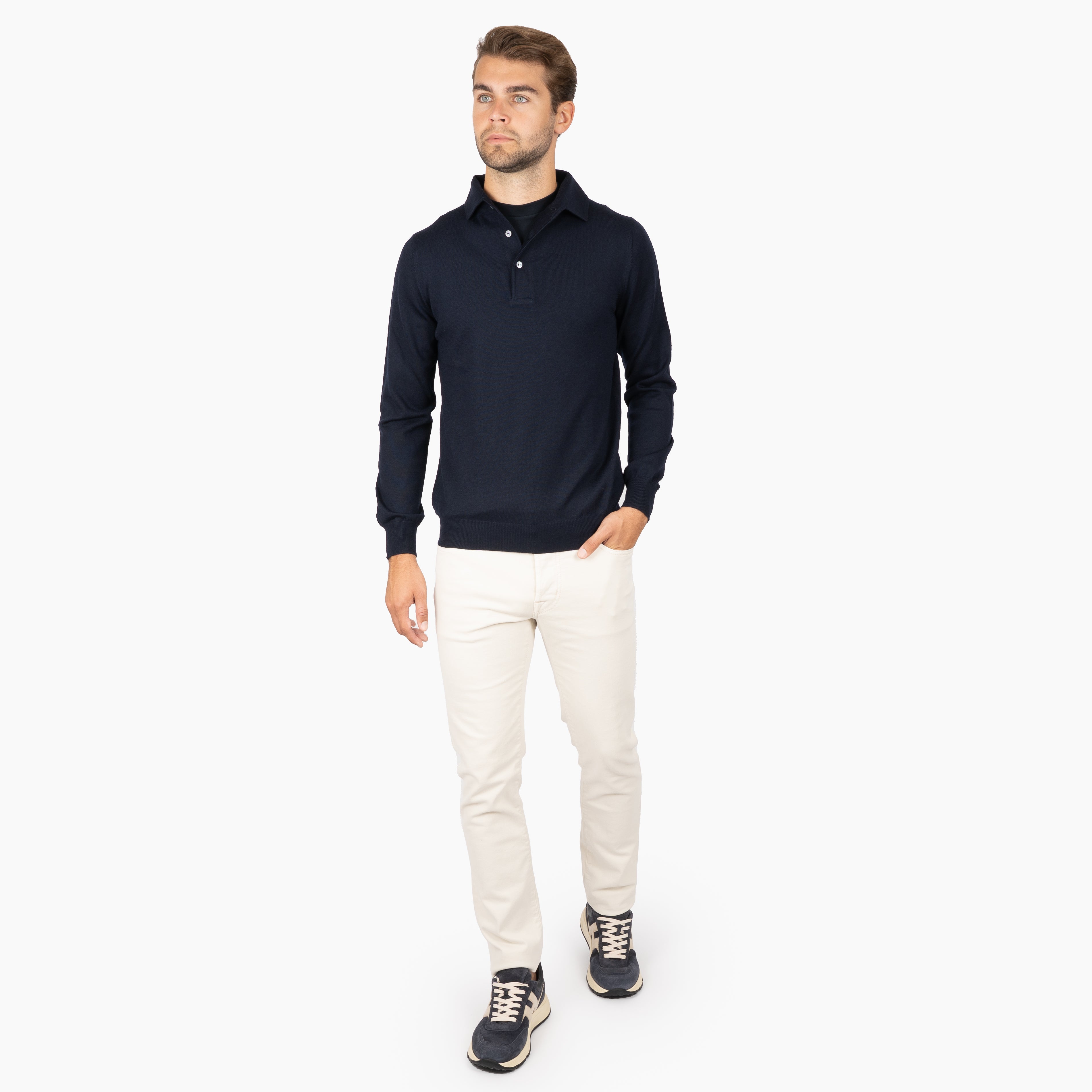Gran Sasso Gebreide Polo Lange Mouw Blauw | Extrafine Merino