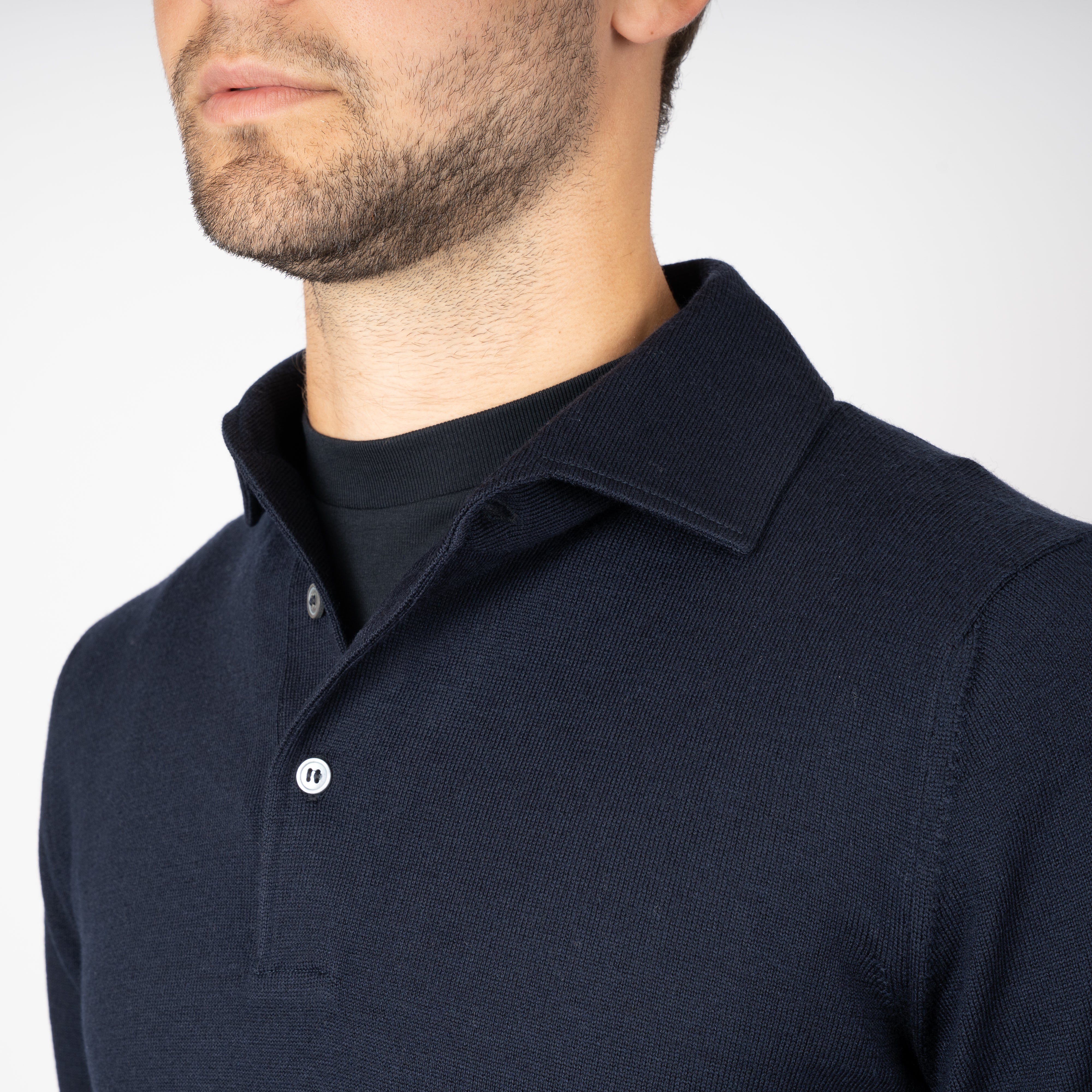 Gran Sasso Gebreide Polo Lange Mouw Blauw | Extrafine Merino