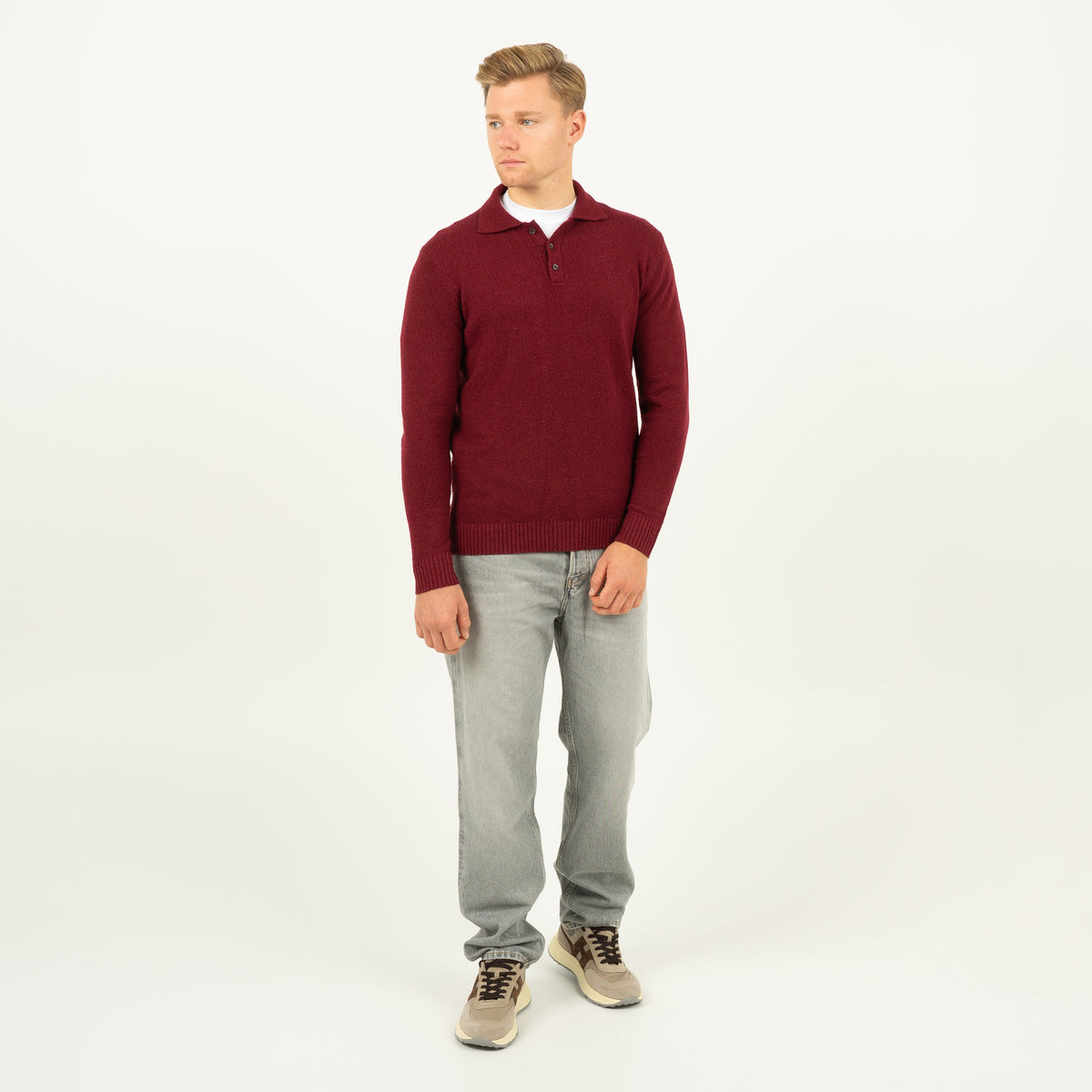 SEVEN DIALS Gebreide Polo met Lange Mouw Bordeaux Rood | Ismir