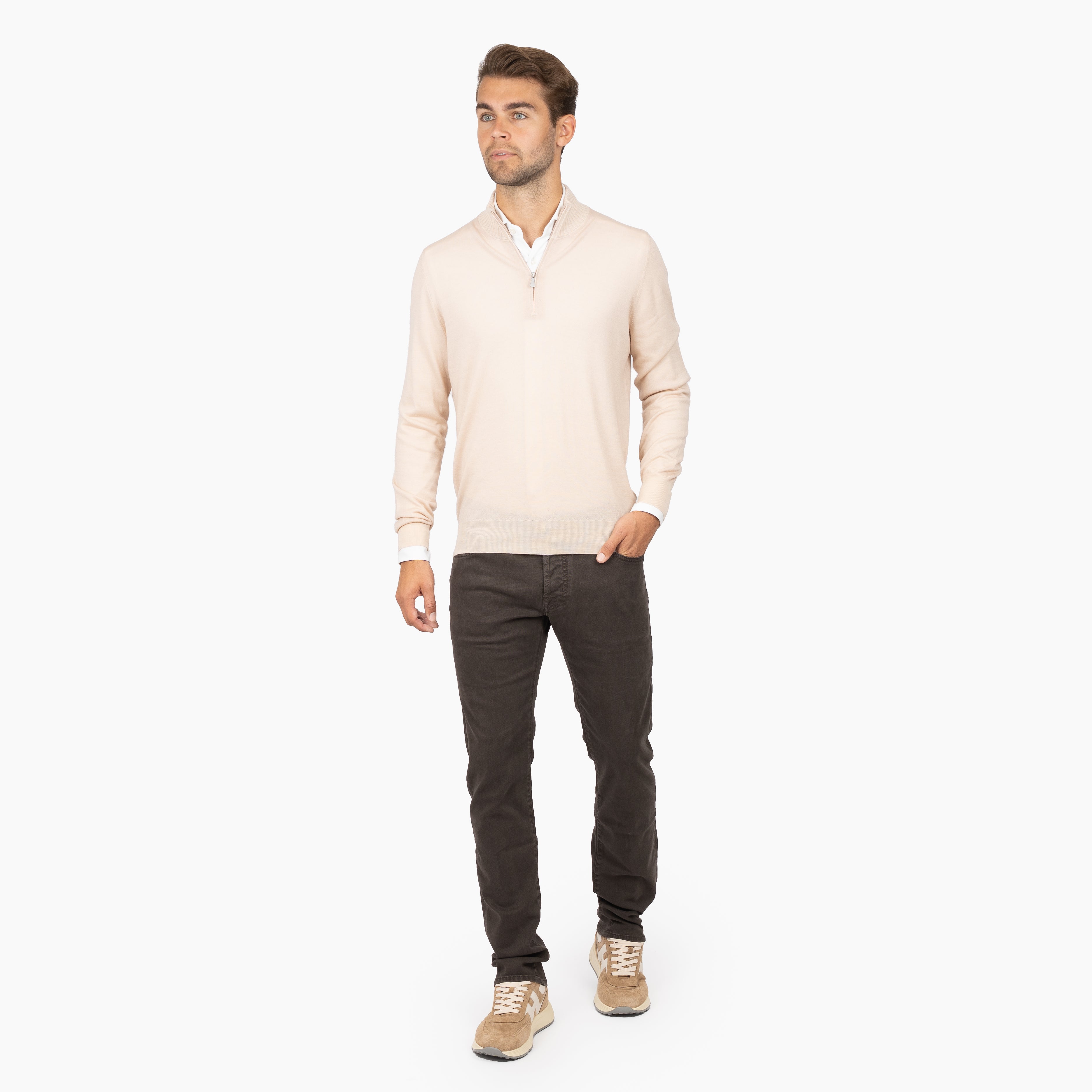 Gran Sasso Gebreide Trui met Rits Beige | Vintage Merino