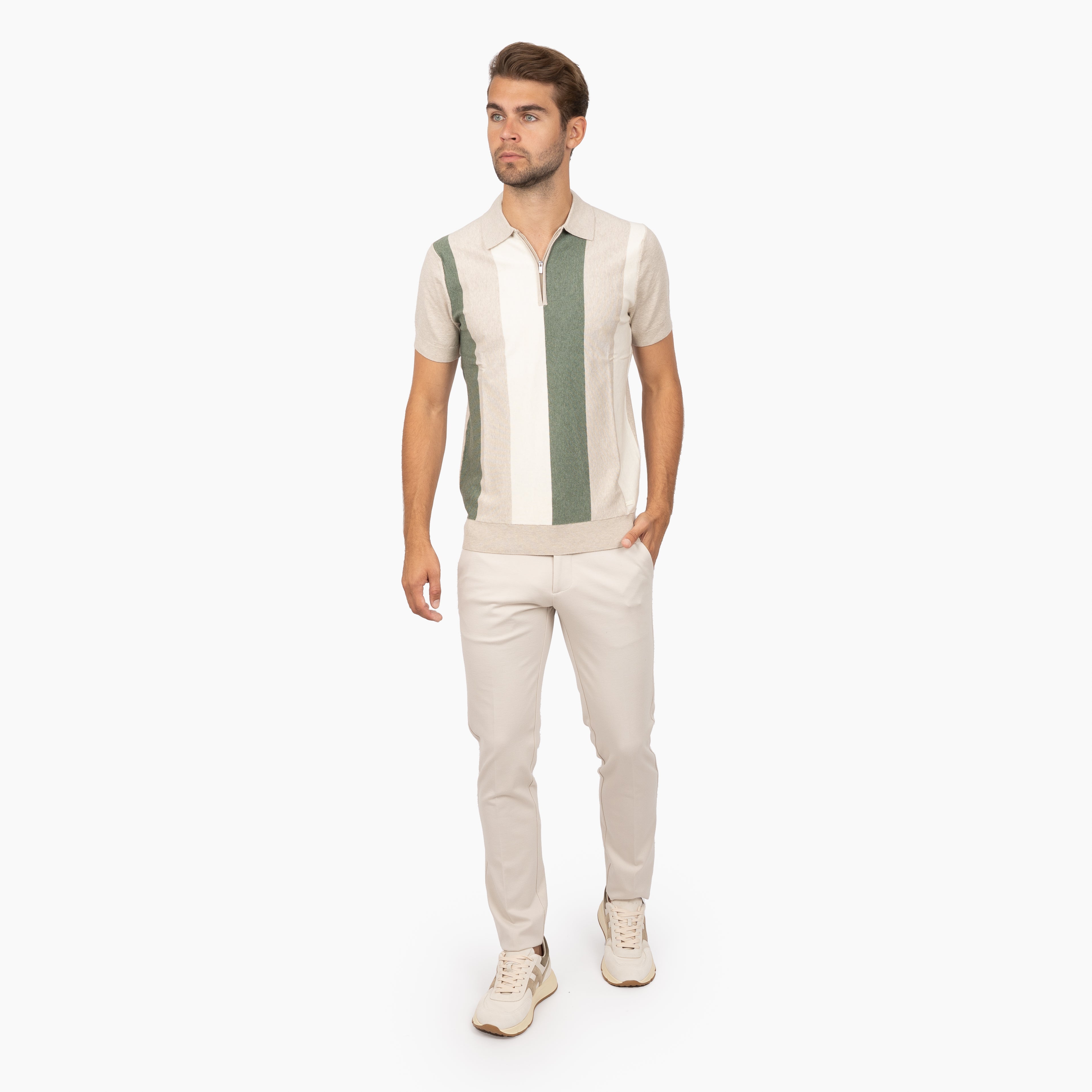 SEVEN DIALS Gebreide Polo met Rits Beige / Groen | Fry