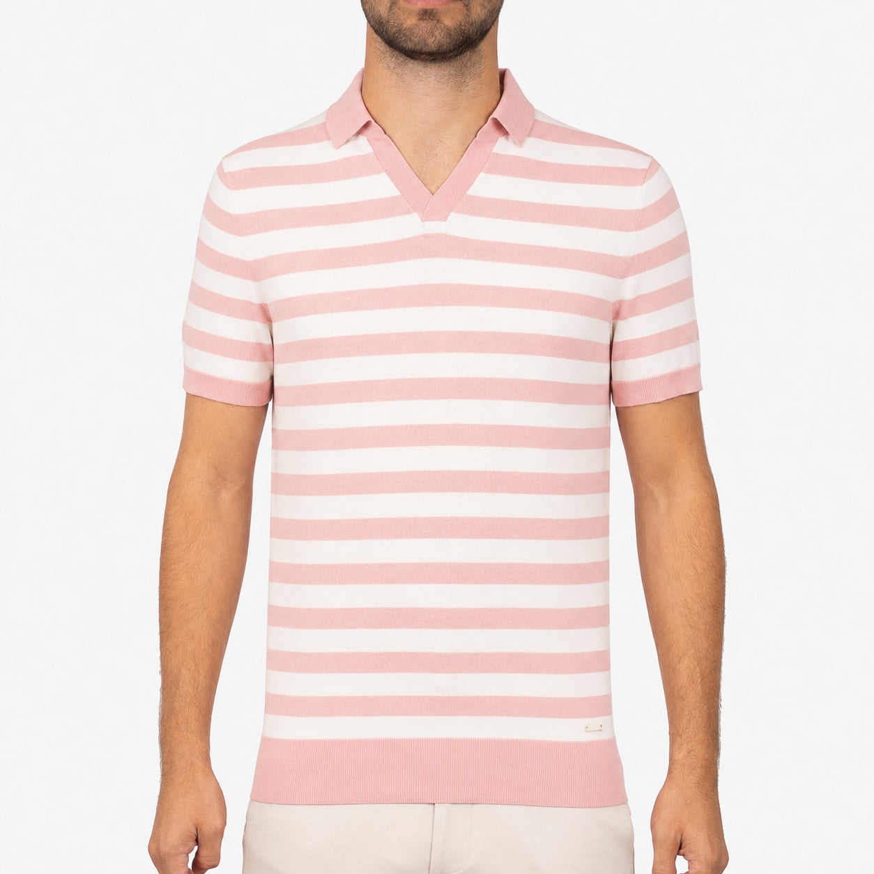 SEVEN DIALS Gebreide Buttonless Polo Roze Gestreept | Carver