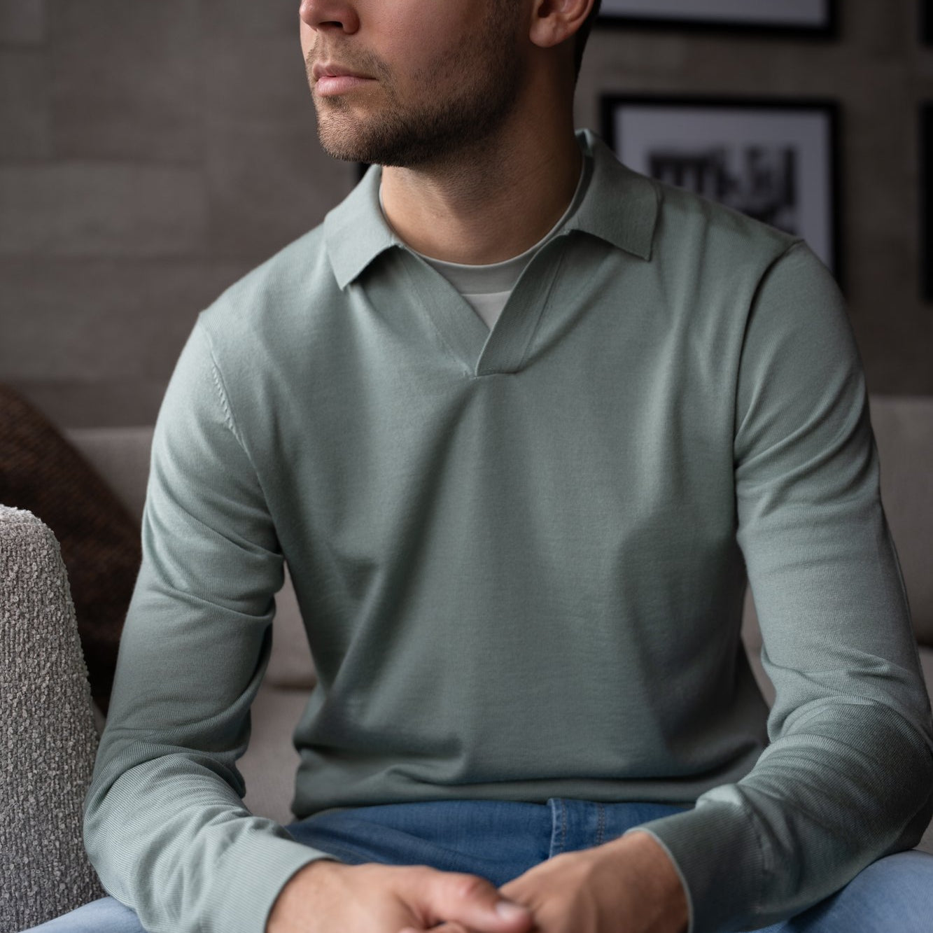 Zachtgroene Seven Dials gebreide buttonless polo lange mouw