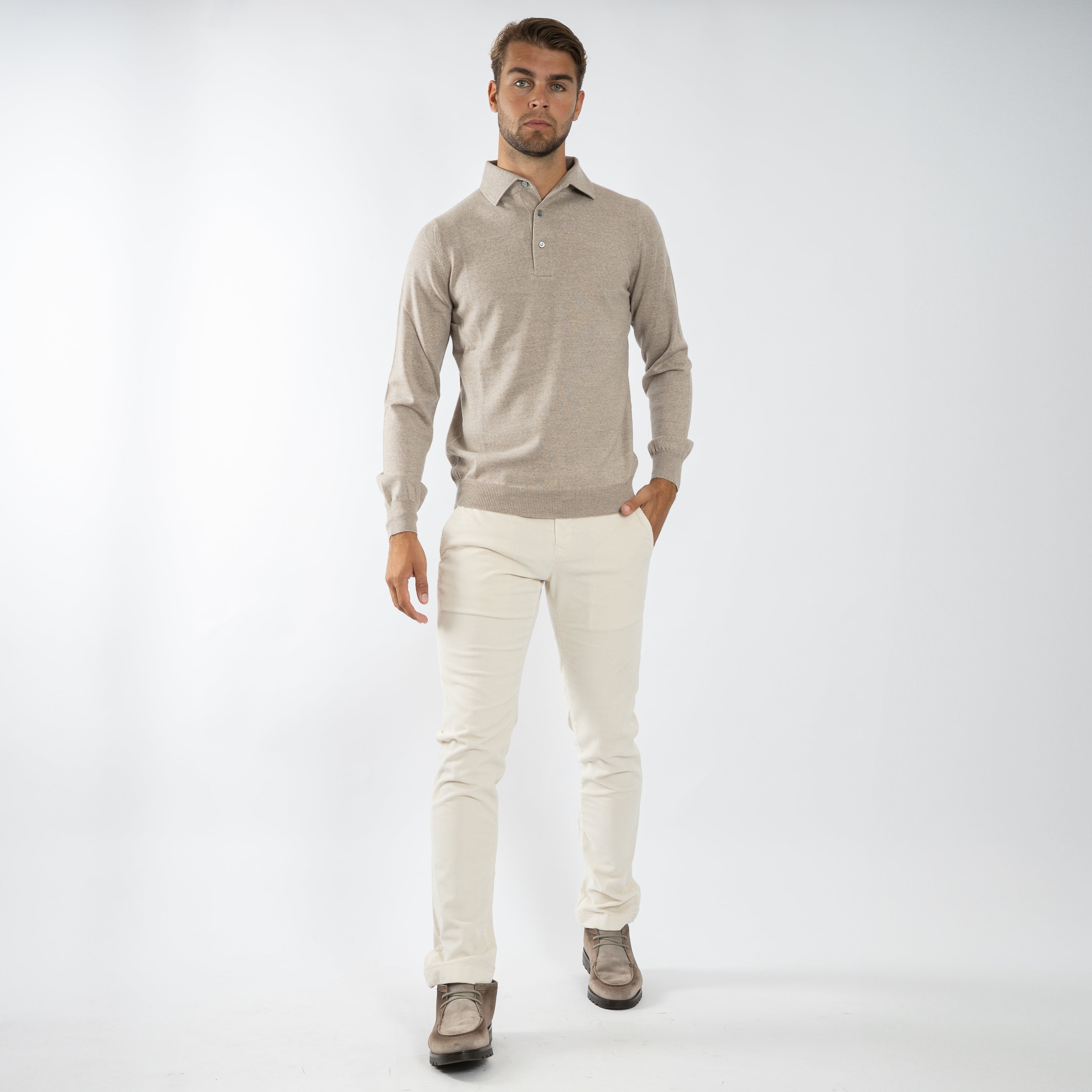 Gran Sasso Gebreide Polo Lange Mouw Beige | Extrafine Merino