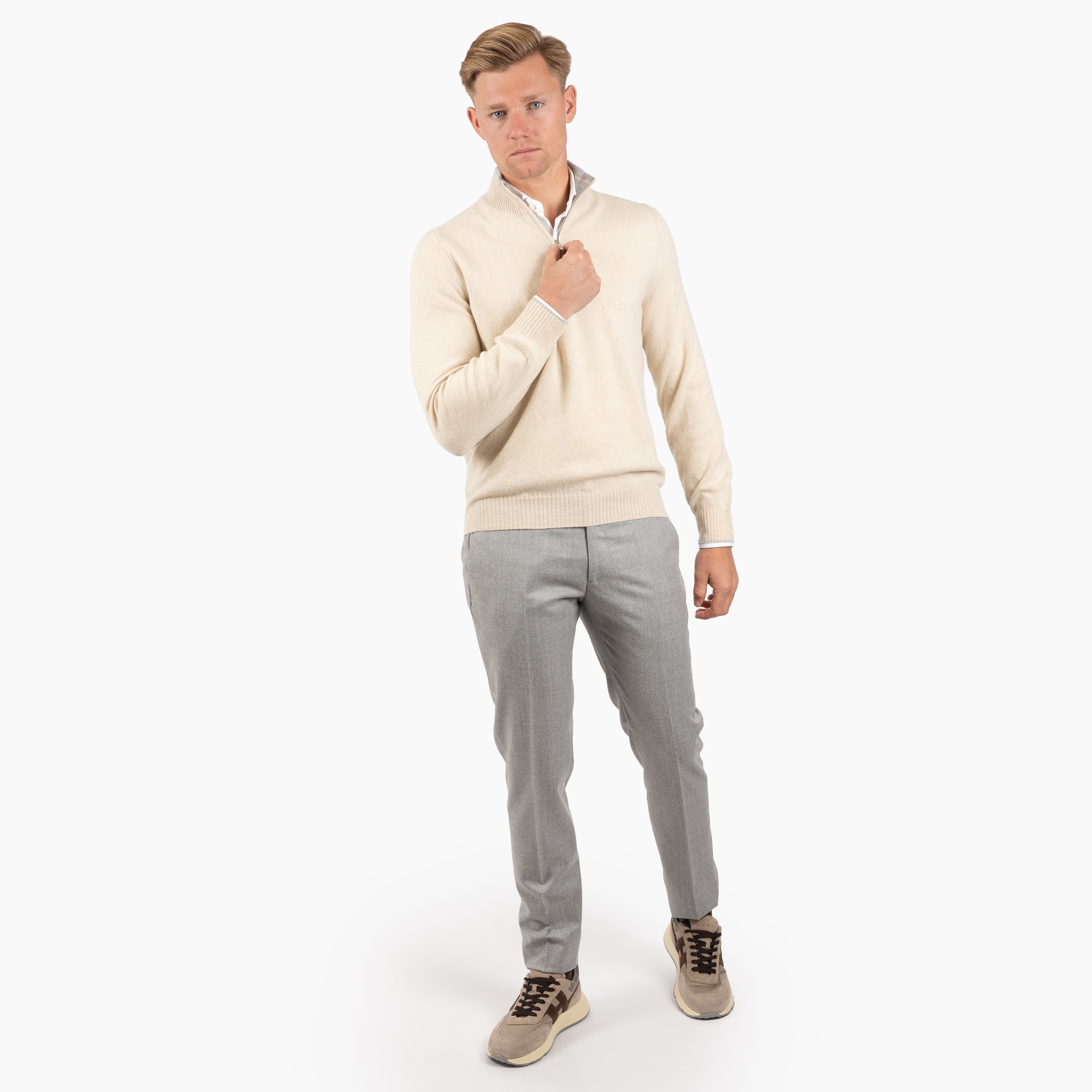 Fedeli Gebreide Trui met Rits Beige | Favonio Persia Cashmere