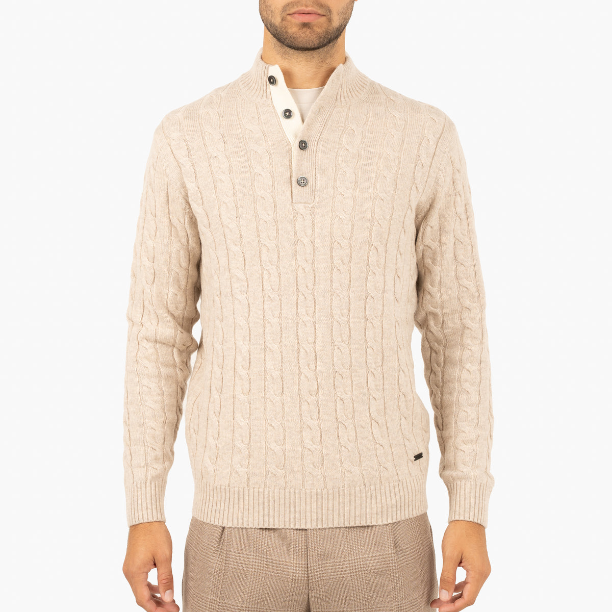 SEVEN DIALS Gebreide Kabeltrui met Knopenlijst Beige | Chicago