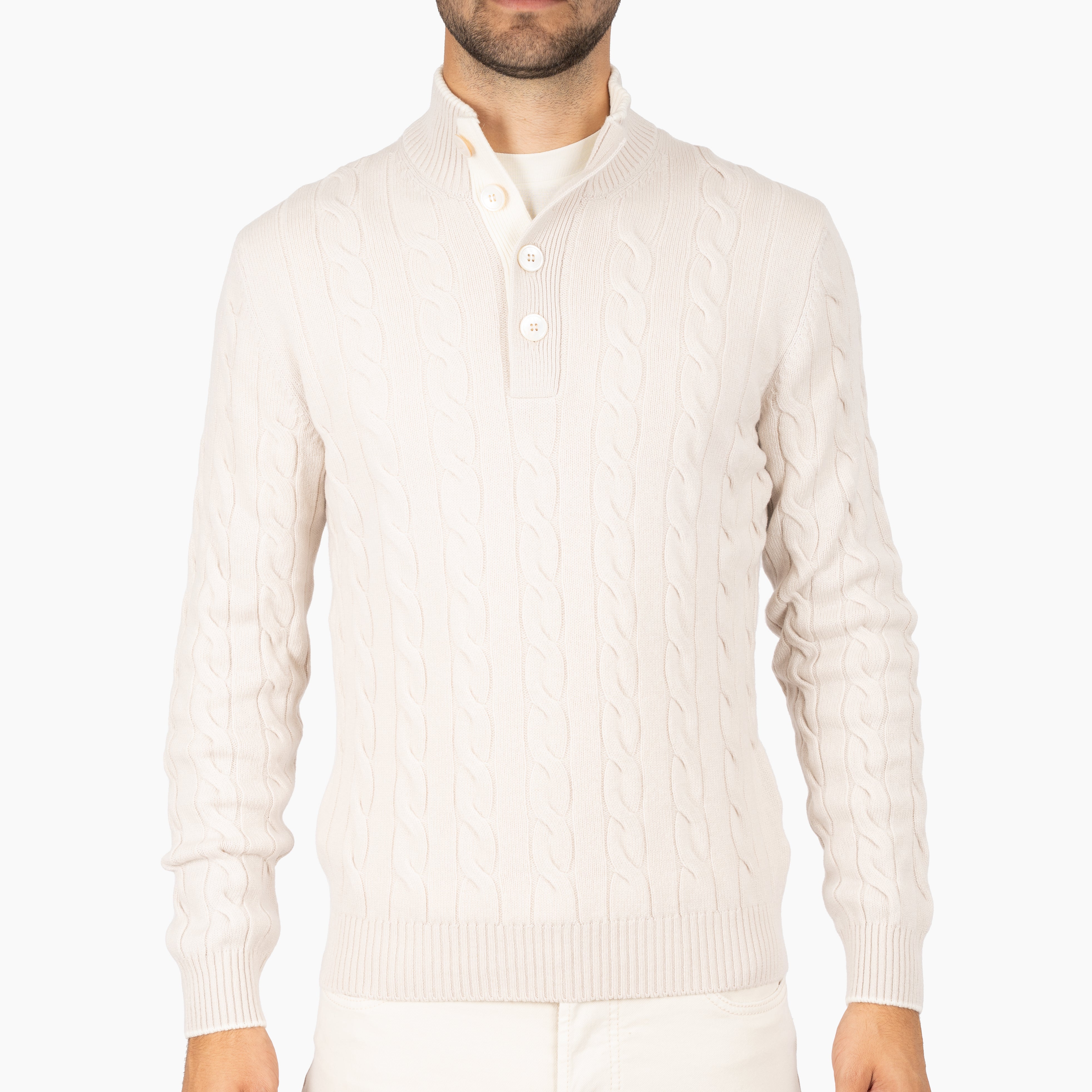 Gran Sasso Gebreide Kabeltrui met Knopenlijst Crème | Cashmere Lana