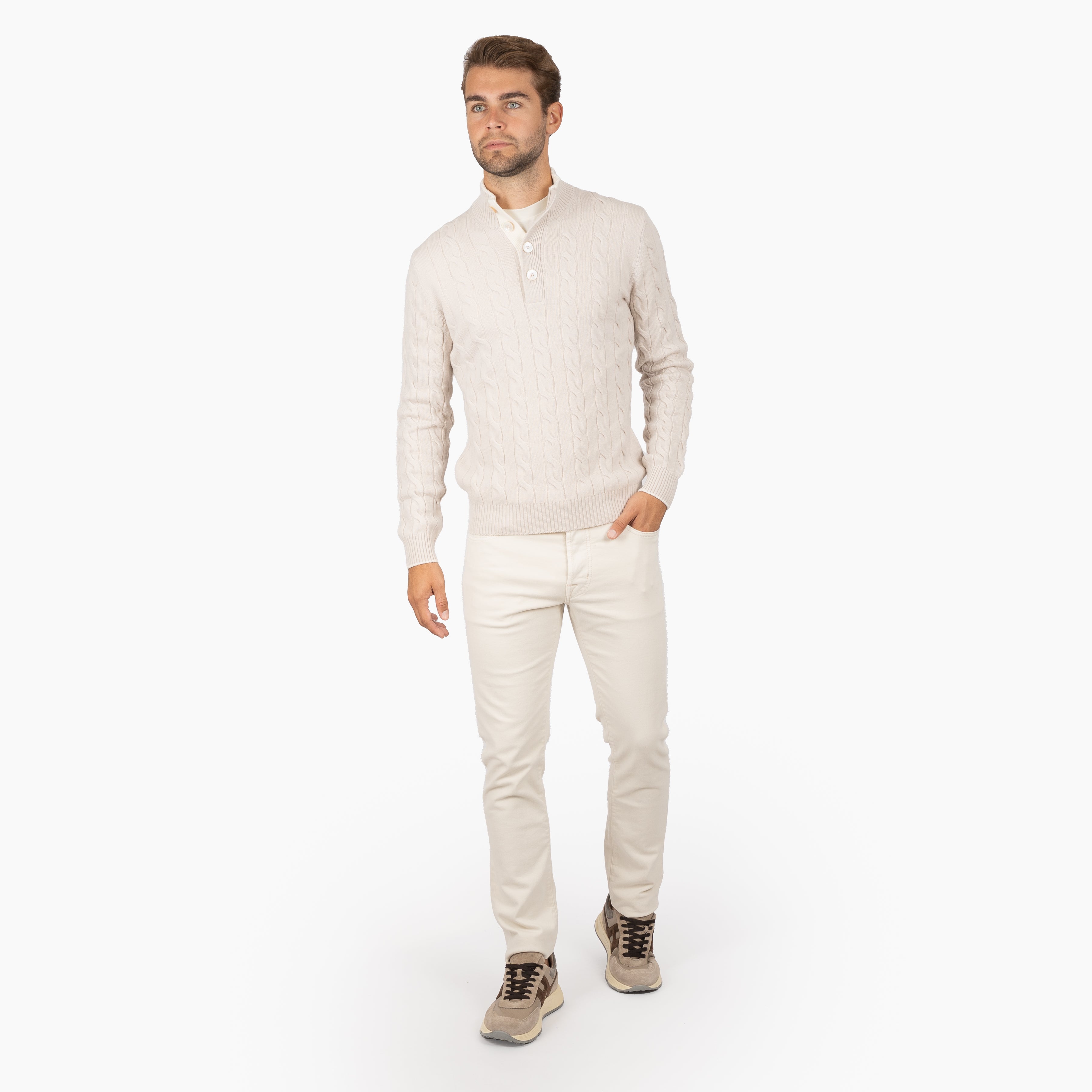 Gran Sasso Gebreide Kabeltrui met Knopenlijst Crème | Cashmere Lana