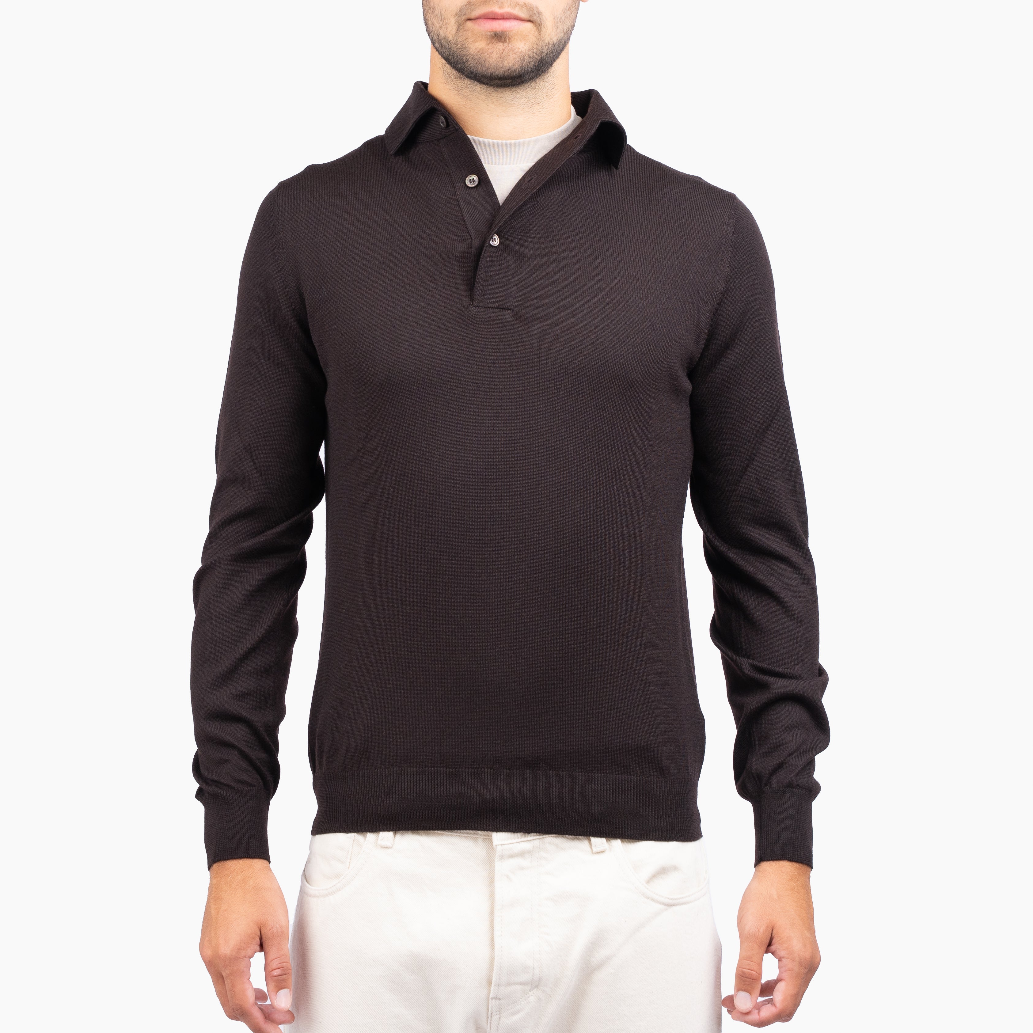 Gran Sasso Gebreide Polo Lange Mouw Bruin | Extrafine Merino