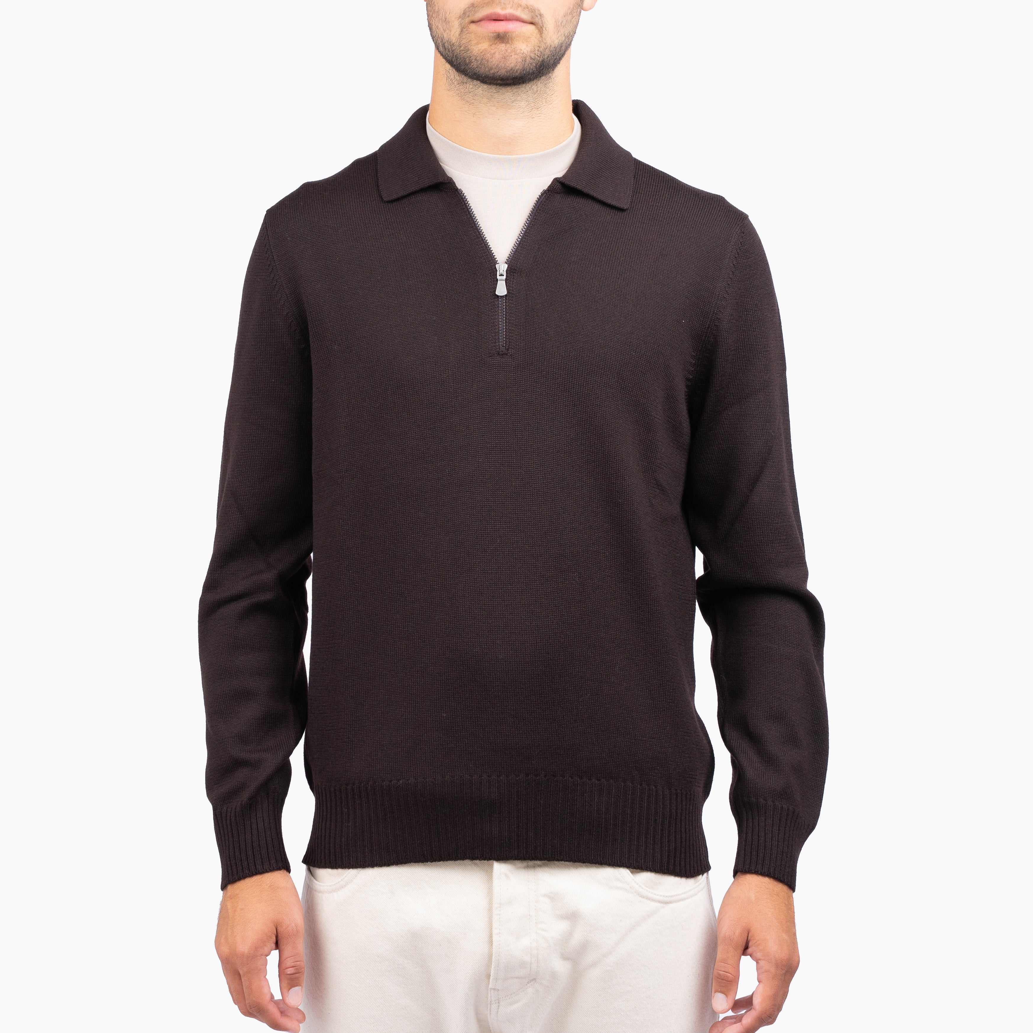 Gran Sasso Gebreide Trui met Rits Bruin | Extrafine Merino