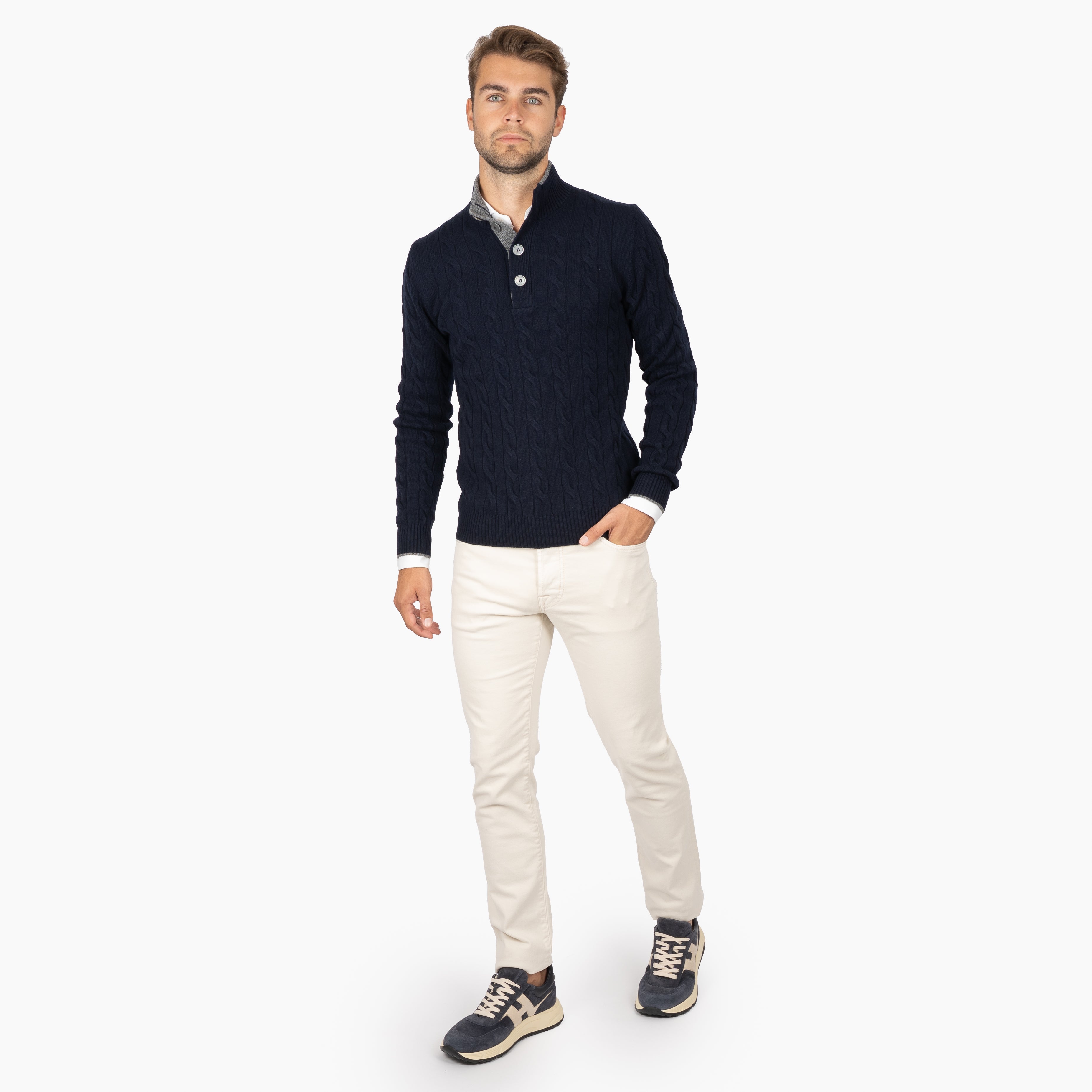 Gran Sasso Gebreide Kabeltrui met Knopenlijst Blauw | Cashmere Lana