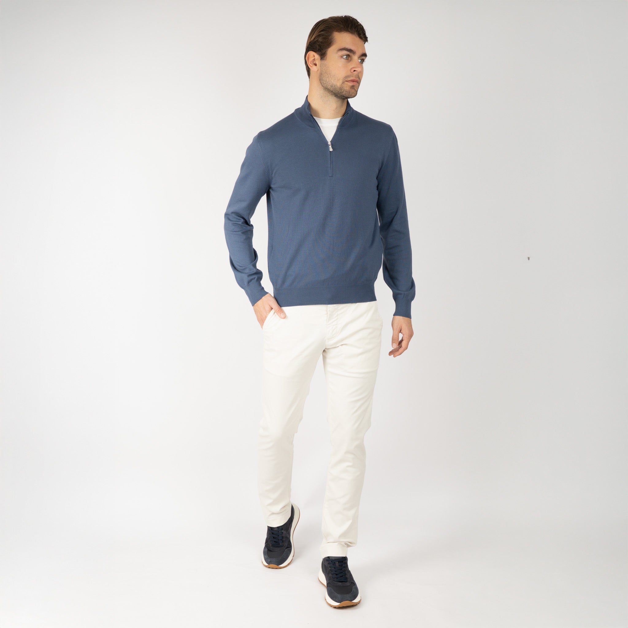 Gran Sasso Gebreide Trui met Rits Middenblauw | Egyptian Cotton