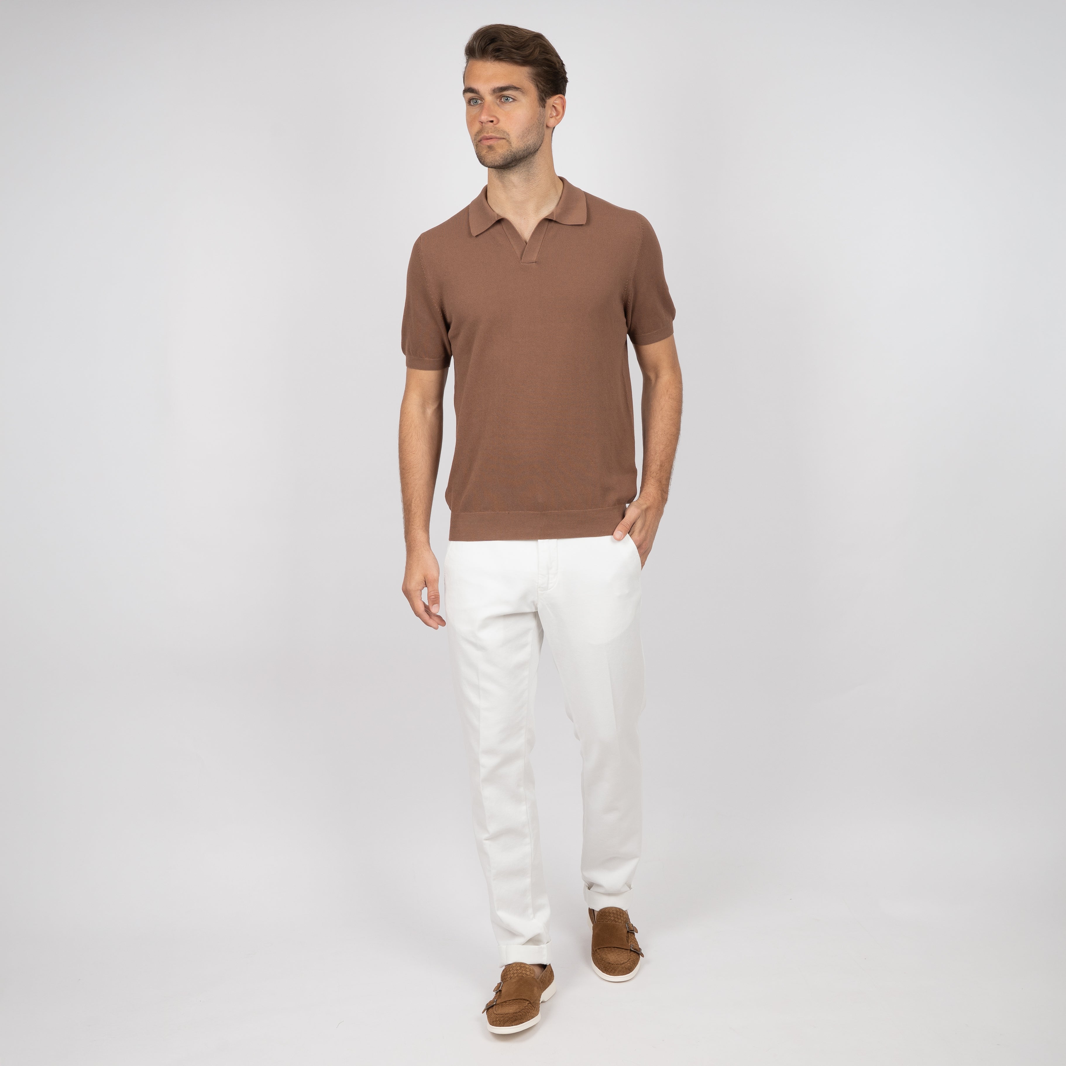 Gran Sasso Polo Buttonless Kraag Camel | Fresh Cotton