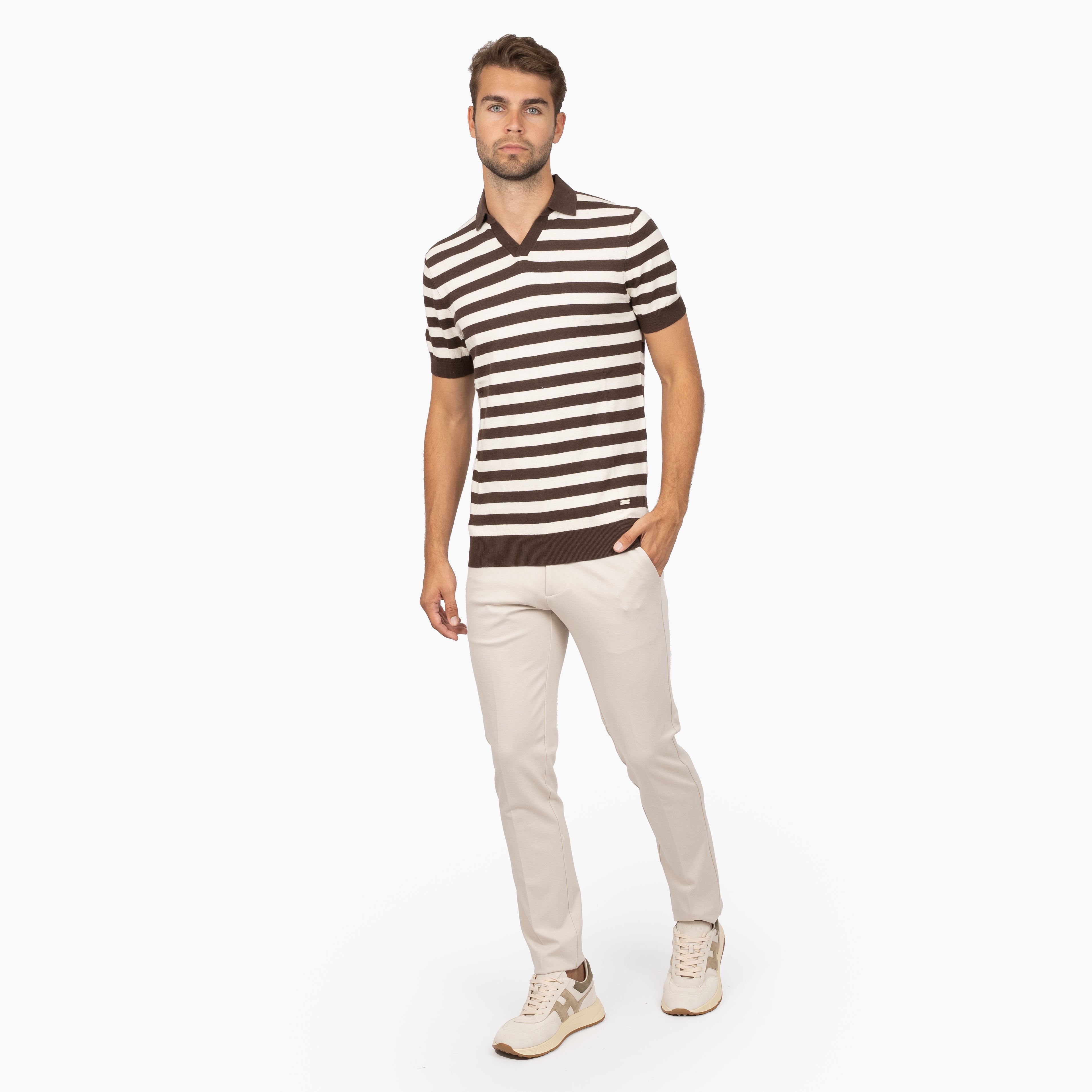 SEVEN DIALS Gebreide Buttonless Polo Bruin Gestreept | Carver