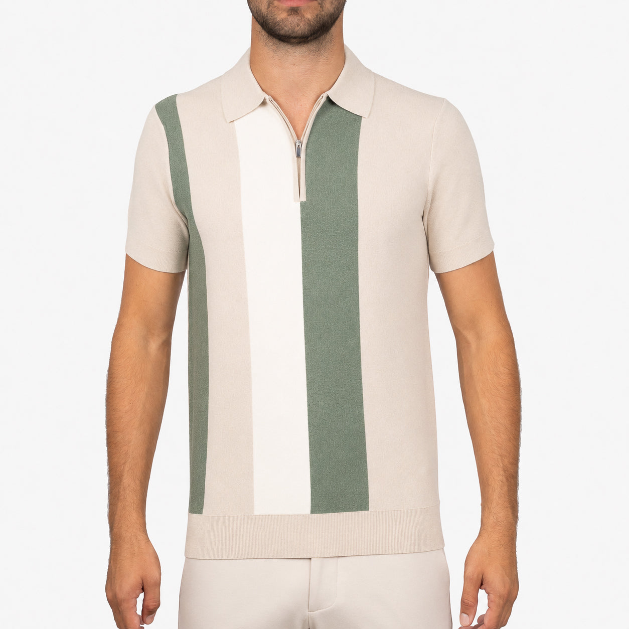 SEVEN DIALS Gebreide Polo met Rits Beige / Groen | Fry