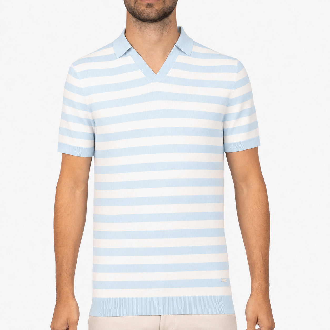 SEVEN DIALS Gebreide Buttonless Polo Lichtblauw Gestreept | Carver