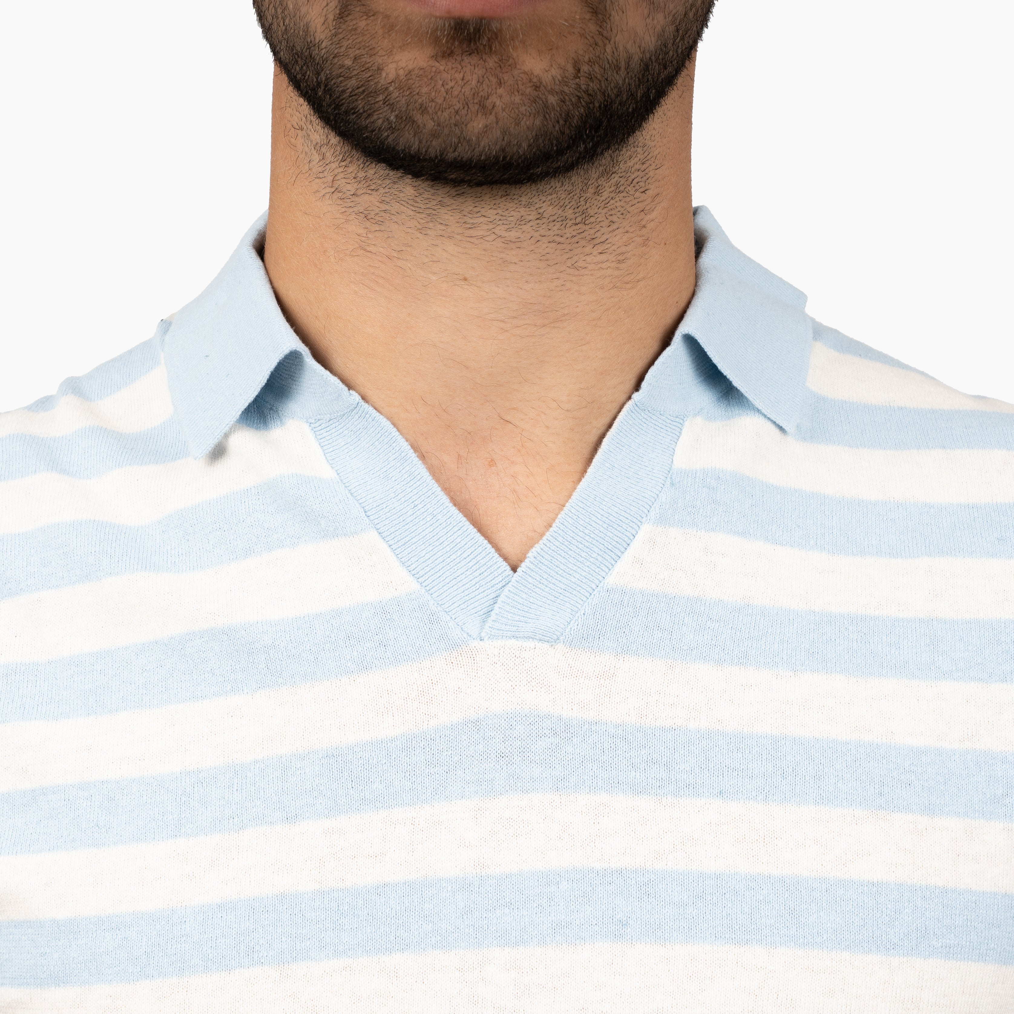 SEVEN DIALS Gebreide Buttonless Polo Lichtblauw Gestreept | Carver