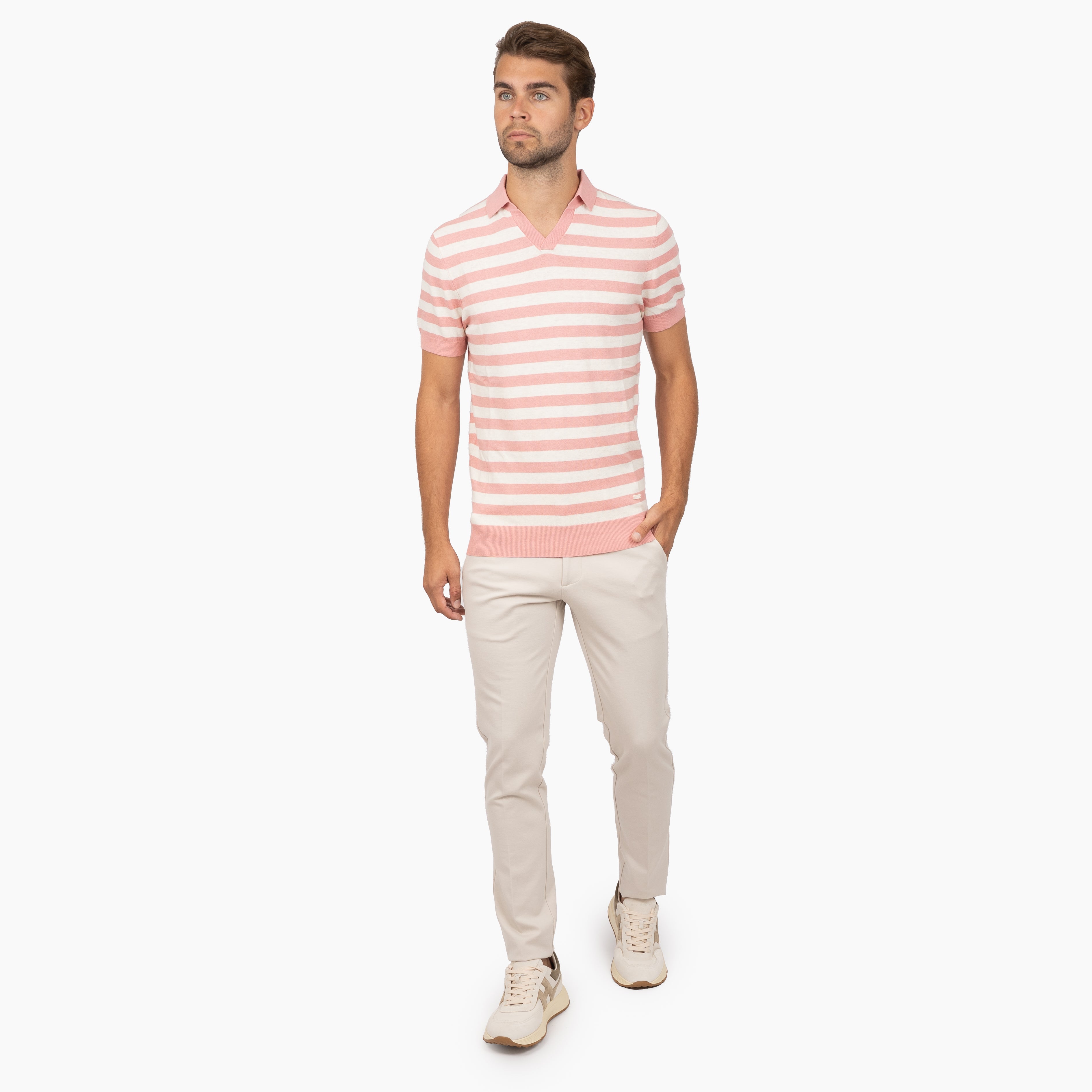 SEVEN DIALS Gebreide Buttonless Polo Roze Gestreept | Carver